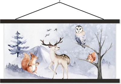 Produktbild von MuchoWow® Textilposter Winter - Hirsche - Eichhörnchen 150x75 cm mit schwarzem Rahmen - Posterleiste