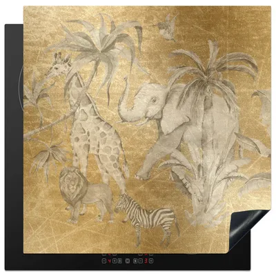 Produktbild von KitchenYeah© Herdabdeckplatte Dschungel - Kinder - Gold - Tiere , 78x78cm, Küche Deko, Glaskeramikkochfeld Herdabdeckung, Abdeckplatte fùr Kochfeld