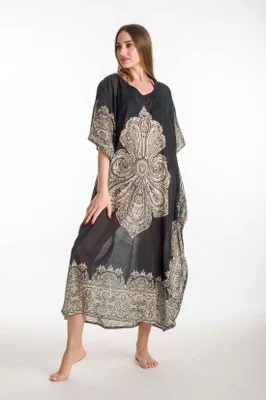 Produktbild von Kleid aus Baumwolle – luftiger Kaftan mit Paisley-Muster, halbtransparent, Einheitsgröße bis 3XL