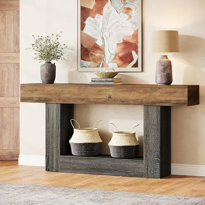 Produktbild von Konsolentisch, 160 cm lang, 2-stöckiger Eingangstisch, Sofatisch mit Stauraum, Bauernhaus-Holz hinter Couchtisch für Wohnzimmer, Flur (rustikales Braun und Grau)