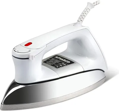 A white and silver iron is shown against a white background.