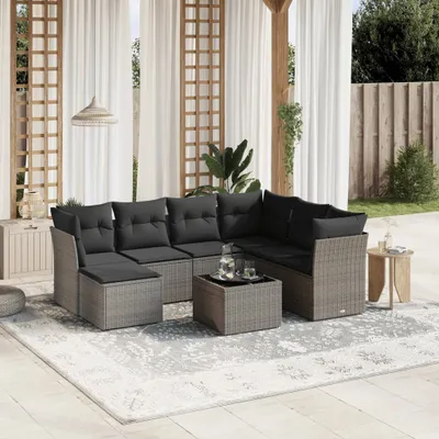 Produktbild von Design 8-tlg. Garten-Sofagarnitur mit Kissen Grau Poly Rattan, Gartenmöbel-Sets 2024 Neu