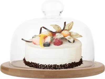 Produktbild von Glas-Käseplatte 18 cm mit Holzunterfutterung - Tortenservice - Käse- und Dessertbord mit Deckel - Käse- und Gebäckvitrine - Obst- und Käseständer - Kuchen- und Früchtentisch - Sandwich- und Käsestation - Brot- und Kä