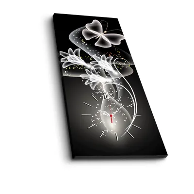 A digital artwork of a clock with a butterfly and flowers on a black background.
