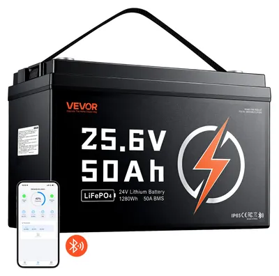 Obrázok produktu pre VEVOR LiFePO4 batéria, 24 V, 50 Ah, 50 A, lítiová batéria s Bluetooth BMS, vhodná pre obytné prívesy, karavany, solárne systémy a elektromotory, 20-29,2 V DC, ochrana proti nízkym teplotám, 1280 Wh