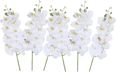 Zdjęcie produktu dla Sztuczne storczyki Phalaenopsis, białe, 27 cali, zestaw 6 sztuk, dekoracja do domu