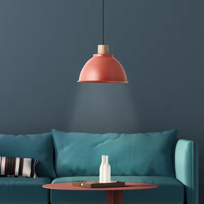 Image de Suspension décorative BRILLIANT Erena en rouge | dimmable avec une ampoule adaptée | Ø 38 cm | Hauteur 120 cm | 1 x E27 max. 60 watts | Métal/bois