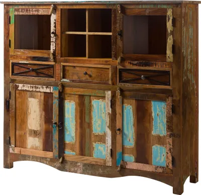 A multi-colored wooden highboard with glass doors and drawers.
