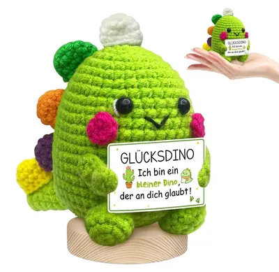 Glücksbringer Dino, handgebreid, mit Karte, Mutmacher