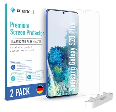 A product shot of a screen protector for a Samsung Galaxy S20 Plus, with packaging.