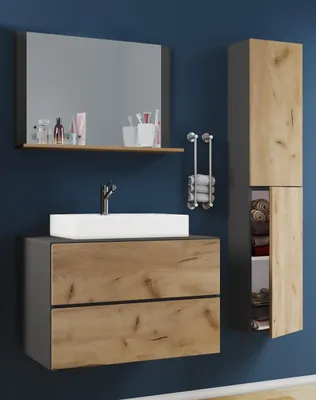 Produktbild von VCM 4-tlg. Waschplatz Waschtisch | Waschbecken Unterschrank Breite 80 cm | Badmöbel Set mit Schubladen Drehtüren Spiegel | Lendas L