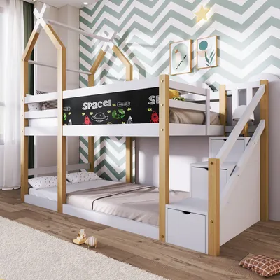 Image de OKWISH Lit Superposé 90x200 cm - Lit Simple Enfant avec Tableau Noir et Rangement, Pin Massif et MDF, Sans Matelas - Blanc