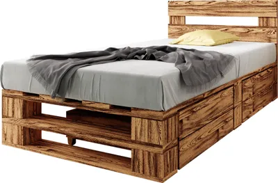 A wooden bed frame made from pallets, with a mattress, blanket, and pillow.