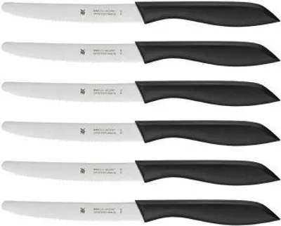 Zdjęcie produktu dla Zestaw noży śniadaniowych WMF Classic Line, 6 sztuk, 23 cm, nóż do bułek z ząbkami, nóż do kanapek, specjalna stal ostrza, rękojeść z tworzywa sztucznego, czarny