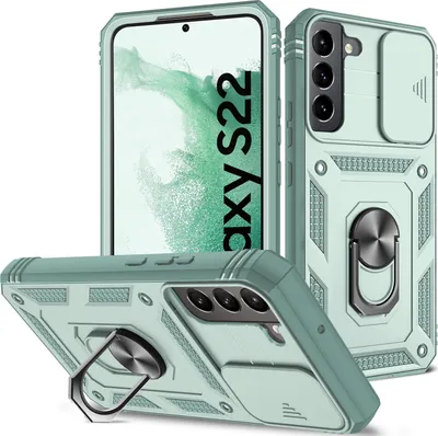 Obrázek produktu pro Pouzdro pro Samsung Galaxy S22 5G posuvná ochrana kamery, robustní nárazuvzdorné, s držákem prstenu, stojánkem a držákem na karty Zelený