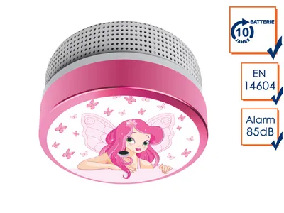 A pink smoke detector with a fairy design, shown with informational icons on the right.