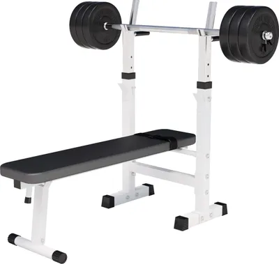 Produktbild von GORILLA SPORTS® Hantelbank - inkl. Hantelset 38kg, Ablage, Dip-Station, Höhenverstellbar, Klappbar, bis 200kg, Weiß Trainingsbank mit Langhantelset
