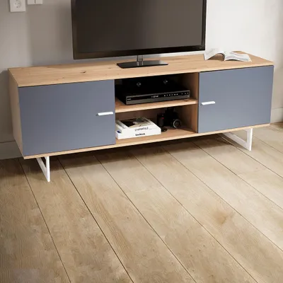 Produktbild von WOHNLING Lowboard Eiche-Nachbildung Grau 150x55x40 cm TV-Kommode Modern TV-Schrank Hoch Fernsehtisch Fernsehschrank mit zwei Türen Fernsehkommode Wohnzimmer