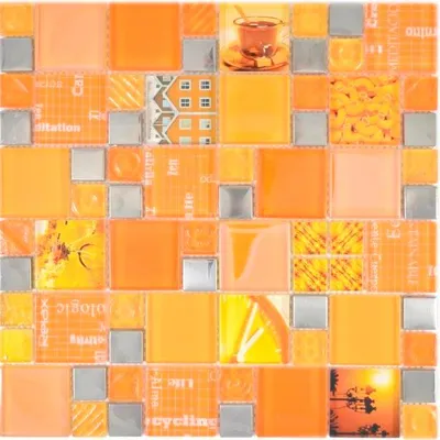 Produktbild von Transparentes Crystal Mosaik Glasmosaik silber Orange Wand Fliesenspiegel Küche Dusche Bad_f | 10 Mosaikmatten