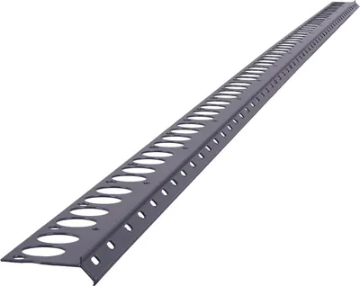 A long, angled metal profile with many circular and oval cutouts, presented against a white background.