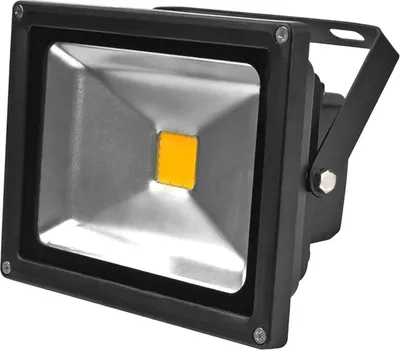 A black LED floodlight with a silver reflector and a yellow LED light source, shown from a slightly angled front view.