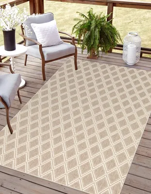 Produktbild von Rikmani Outdoor Teppich 160 x 230 cm für Terrasse, Balkon, modernes Design, ideal für Küche und Esszimmer Creme