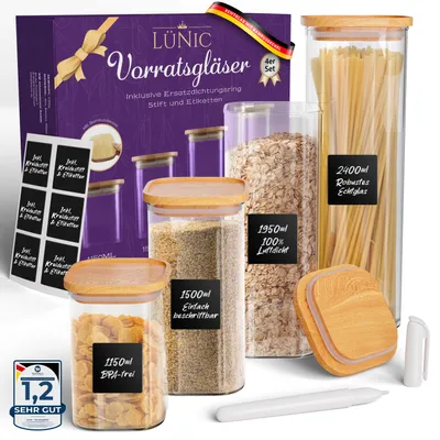 Produktbild von LÜNIC Vorratsgläser mit Bambusdeckel (4er Set - 4 verschiedene Größe)