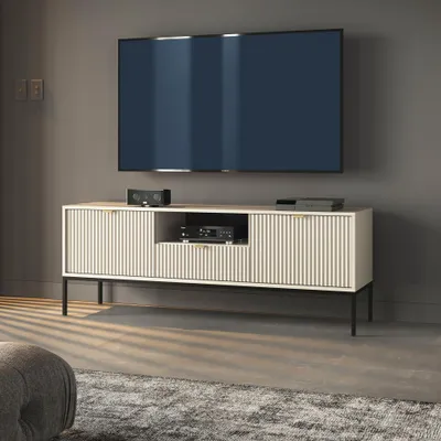 Productafbeelding van Modern TV-meubel met geribbelde details, model KIOTO RTV2D1SZ, kasjmier zwart, laag TV-meubel