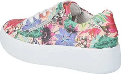 A side view of a single women's sneaker with a floral print and a white sole.