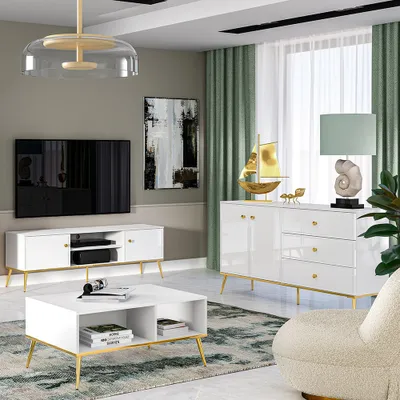 Produktbild von Lowboard Set mit Sideboard und Couchtisch in weiß Hochglanz GUBIN-131 edles Design mit goldenen Akzenten