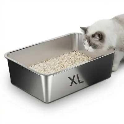 Image de Litière pour chat avec rebord surélevé, en acier inoxydable, dimensions 60 x 40 x 15 cm