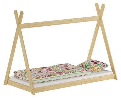 Produktbild von Niedriges Tipi-Kinderbett, Holzbett 90x200 Kiefer natur lackiert, Zubehör wählbar V-60.27-09ohne Zubehör
