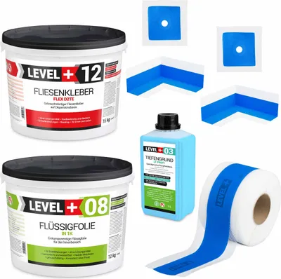 Produktbild von Dicht-Set Kleber 15kg Flüssigfolie 12kg Tiefengrund 1L Dichtband Bad SET505