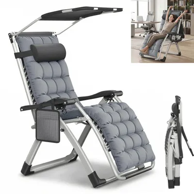 Obrázek produktu pro XMTECH Relaxační lehátko do sauny, skládací, se sluneční stříškou, nastavitelné v rozmezí 90–170°, s polstrováním, polštářem, držákem na nápoje a boční kapsou, do zahrady a na kempování, šedé