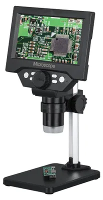 Productafbeelding van 5,5-inch LCD-scherm, elektronenmicroscoop, 10 megapixel, industriële microscopen, digitale elektronische vergrootglas, 1000-voudige vergroting, 8 standen van LED-lichtintensiteit, instelbaar, foto's, video's, afspeelmodus met schermbeveiliging, automatische uitschakeling, formatteren, geheugenkaartsleuf
