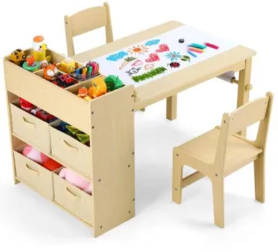 Image de Bolt Edge Table d'art pour enfants avec 2 chaises - Table de bricolage & de jeu - Casiers de rangement & rouleau de papier - Aspect bois - Enfants 3-8 ans