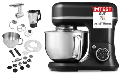 Produktbild von MEDION Küchenmaschine (Mixer, Fleischwolf, 3 in 1, 5 Liter Edelstahlschüssel, 1.200 Watt,  Reiben Raspeln Schneiden, Digitales Touch Display, Knetmaschine, Teigmaschine, MD18430)