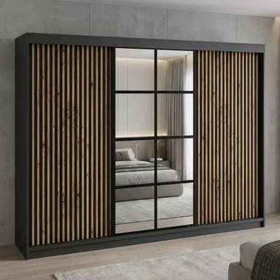 Produktbild von Schwebetürenschrank, 3-türig Schrank mit 4 Schubladen, und 3D-Lamellen. Kleiderschrank NORIVO 200 cm
