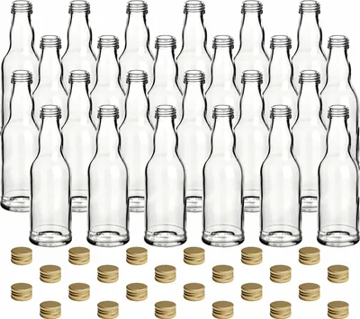 Produktbild von gouveo 24er Set Glasflaschen 200 ml Kropfhals mit Deckel goldfarben - Kleine Flasche zum Befüllen - Leere Schraubflasche für Likör, Saft, Smoothie