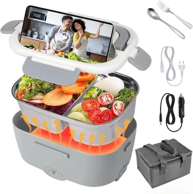 Produktbild von Elektrische Lunchbox, 1,5L Lunchbox Auto, 12V/24V/220V, 65W Electric Lunch Box, Tragbare Wärmebehälter, Essenwärmer, Brotdose für Auto, Grau