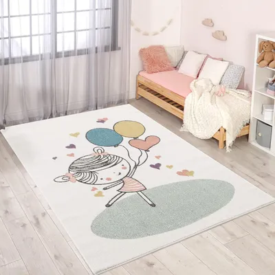 Produktbild von Kinderteppich - Mädchen Luftballon 120x160 cm Creme Multi- Kinderzimmer Teppich Modern