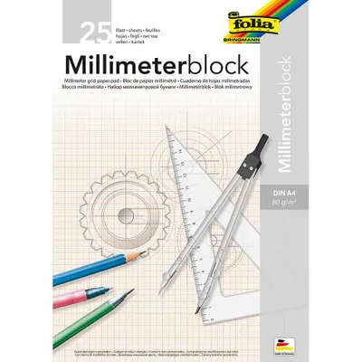 A product shot of a millimeter paper pad with drafting tools and pencils.