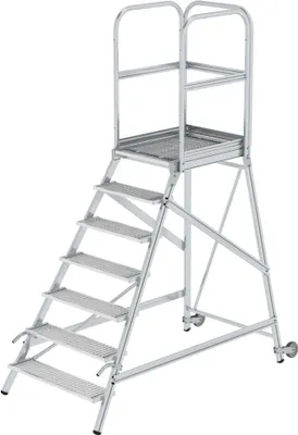 Produktbild von Podesttreppe einseitig begehbar mit Rollen und Griffen | Stahl-Gitterrost | 7 Stufen | Rutschsichere Leiterschuhe