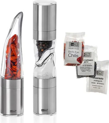 Produktbild von AdHoc Chilimühle Pepe MP203 + Salzmühle & Pfeffermühle Duomill Pure MP900 im Bundle, Chili, Meersalz und schwarzer Pfeffer inklusive