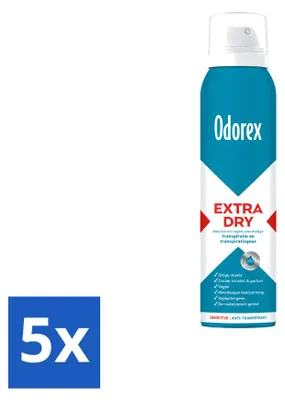 Imagen del producto de 5 unidades de spray antitranspirante Odorex Extra Seco para pieles sensibles, 150 ml cada uno. Paquete económico