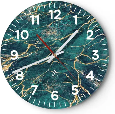 Produktbild von Wanduhr - Rund - Glasuhr - Abstraktion Gold Türkis - 40x40cm - Schleichendes Uhrwerk - Lautlos - zum Aufhängen bereit - Dekoration Modern - Wanddekoration aus Glas - C4AR40x40-4564