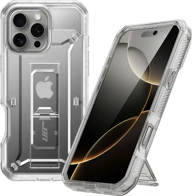 A clear studio shot of an iPhone 16 Pro phone case with a built-in stand, shown from two angles.