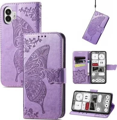 Produktbild von Für Nothing Phone 2 Kunstleder Wallet Handy Tasche Schmetterling Design Hülle Etuis Hell-Lila