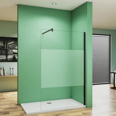 Produktbild von 70x200cm Schwarzrahmen Duschabtrennung Walk In 8mm Nano ESG Milchglasstreifen Duschabtrennung + F Form 90cm Stabilisator Höhe 200cm