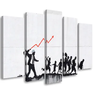 Produktbild von 5-teiliges leinwandbild banksy graffiti-wandbild 100x70 cm Feeby grau wandbild bereit zum aufhängen